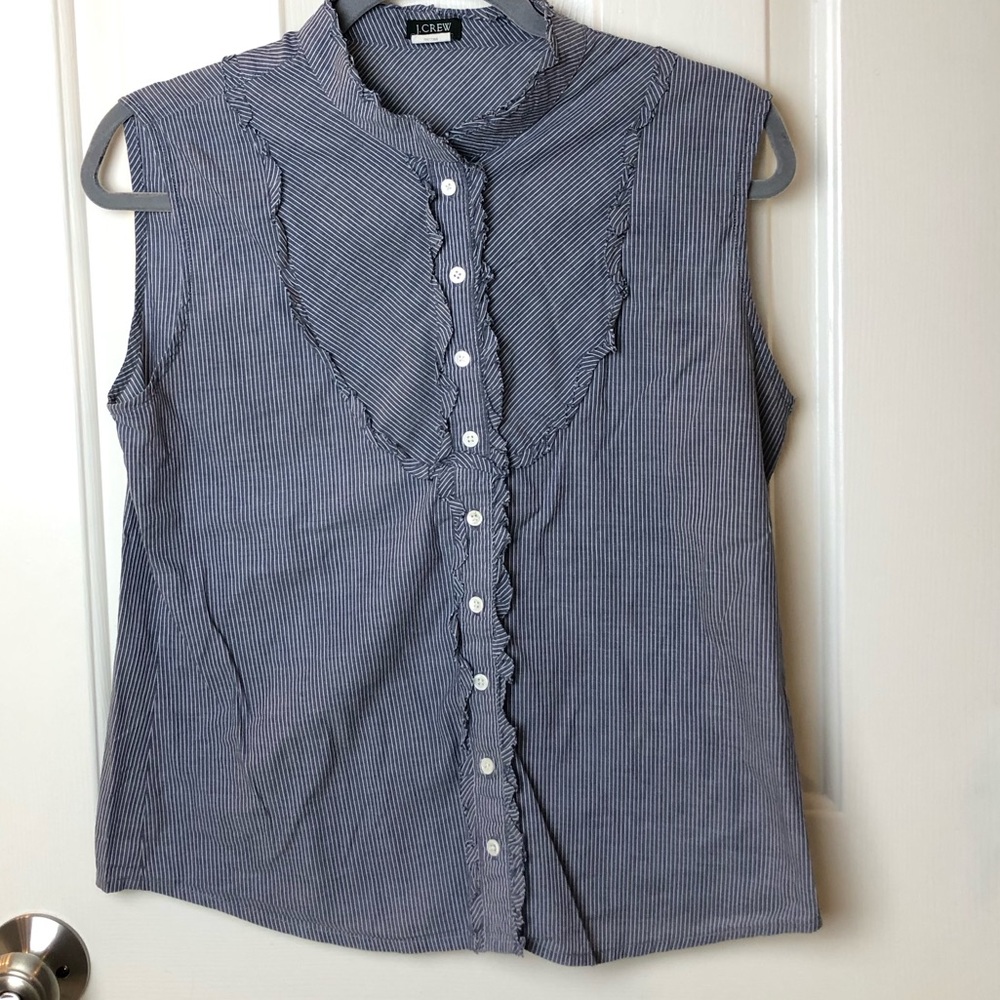 J. Crew Factory Blue and White Striped Sm Ruffle Sleeveless Blouse